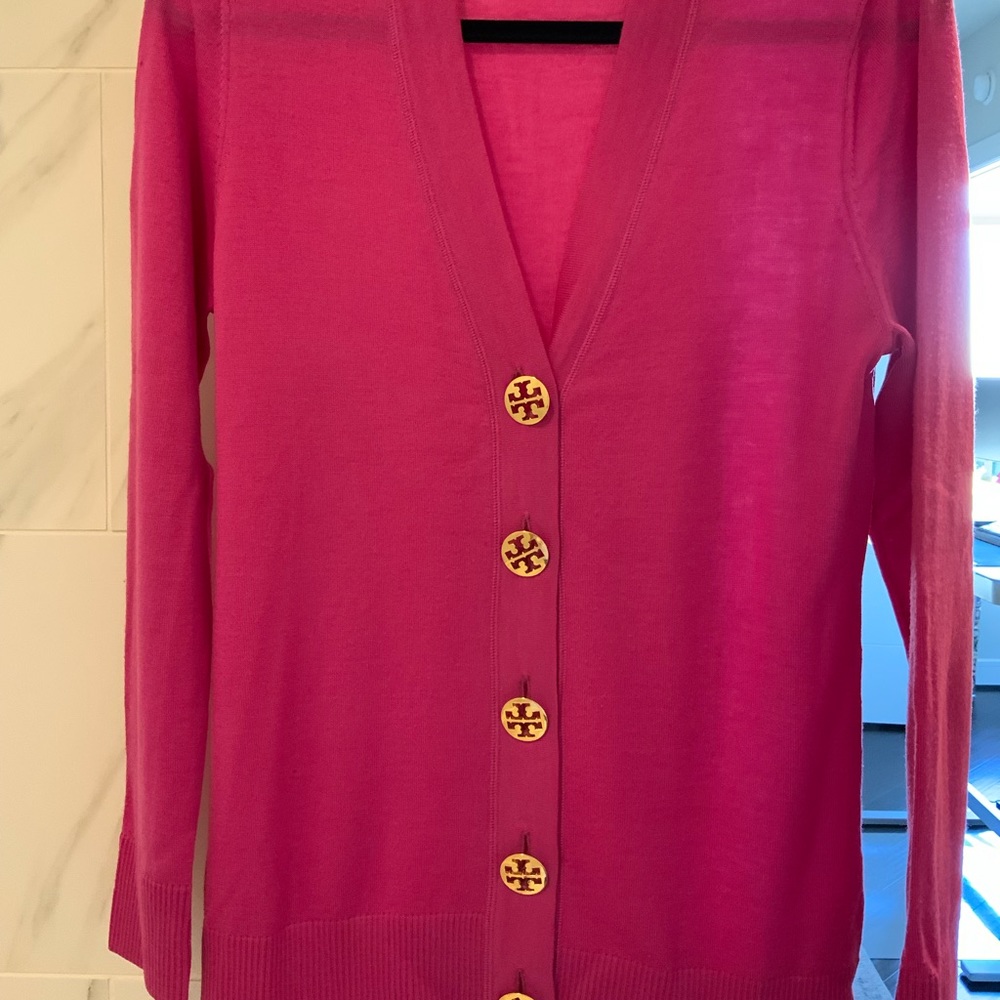 Tory Burch Pink Simone V Neck Wool Cardigan Size M